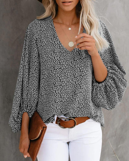 All Over Print Surplice Neck Lantern Sleeve Blouse